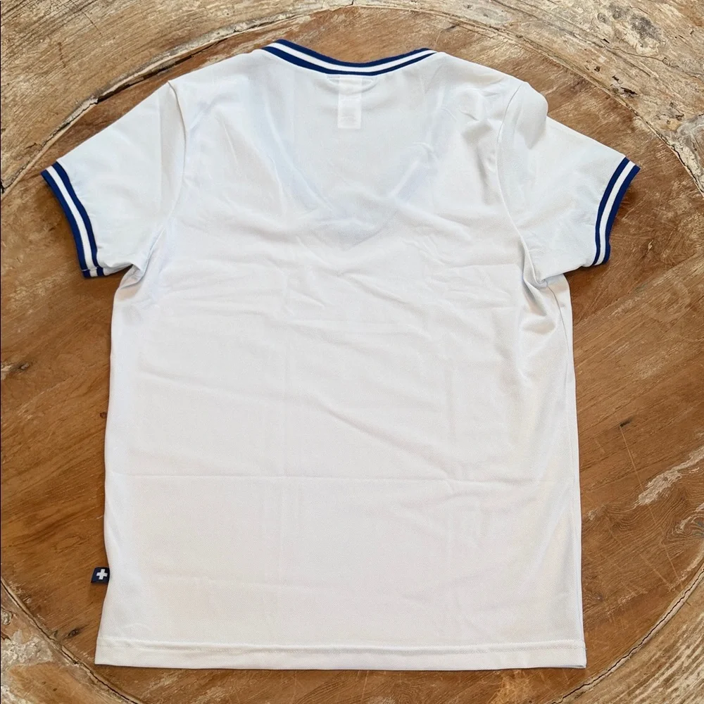 ANDREW CHRISTIAN Mesh Semi Sheer V Neck Polo Shirt Navy White Size S - Picture 3 of 6